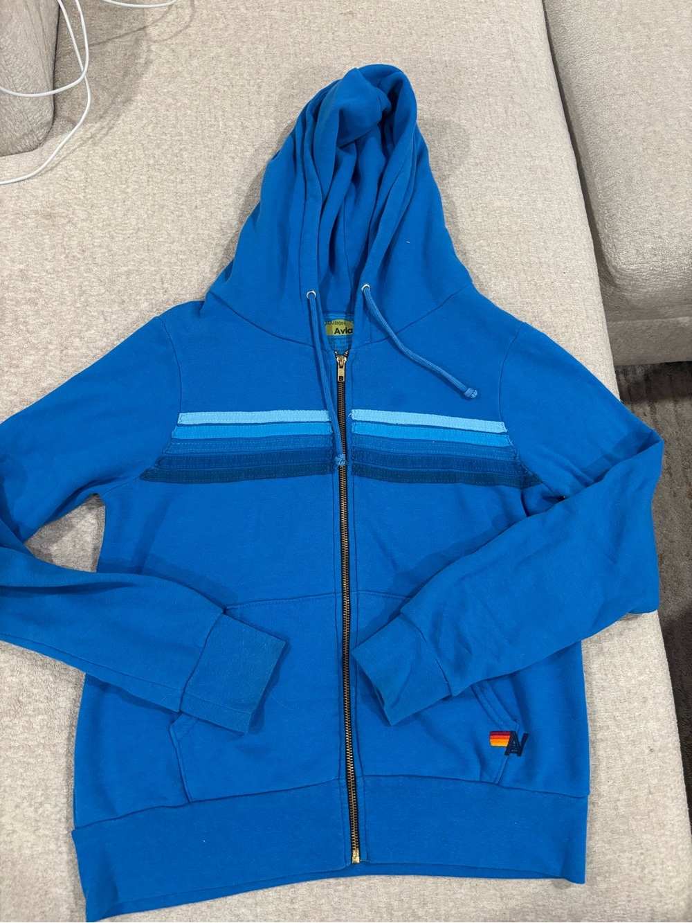 Aviator Nation Men’s Bright Blue Zip-Up Hoodie with Stripe Detail